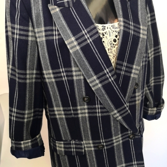 80s vintage window pane plaid oversized double-breasted NAVY/WHITE wool jacket - Picture 7 of 15